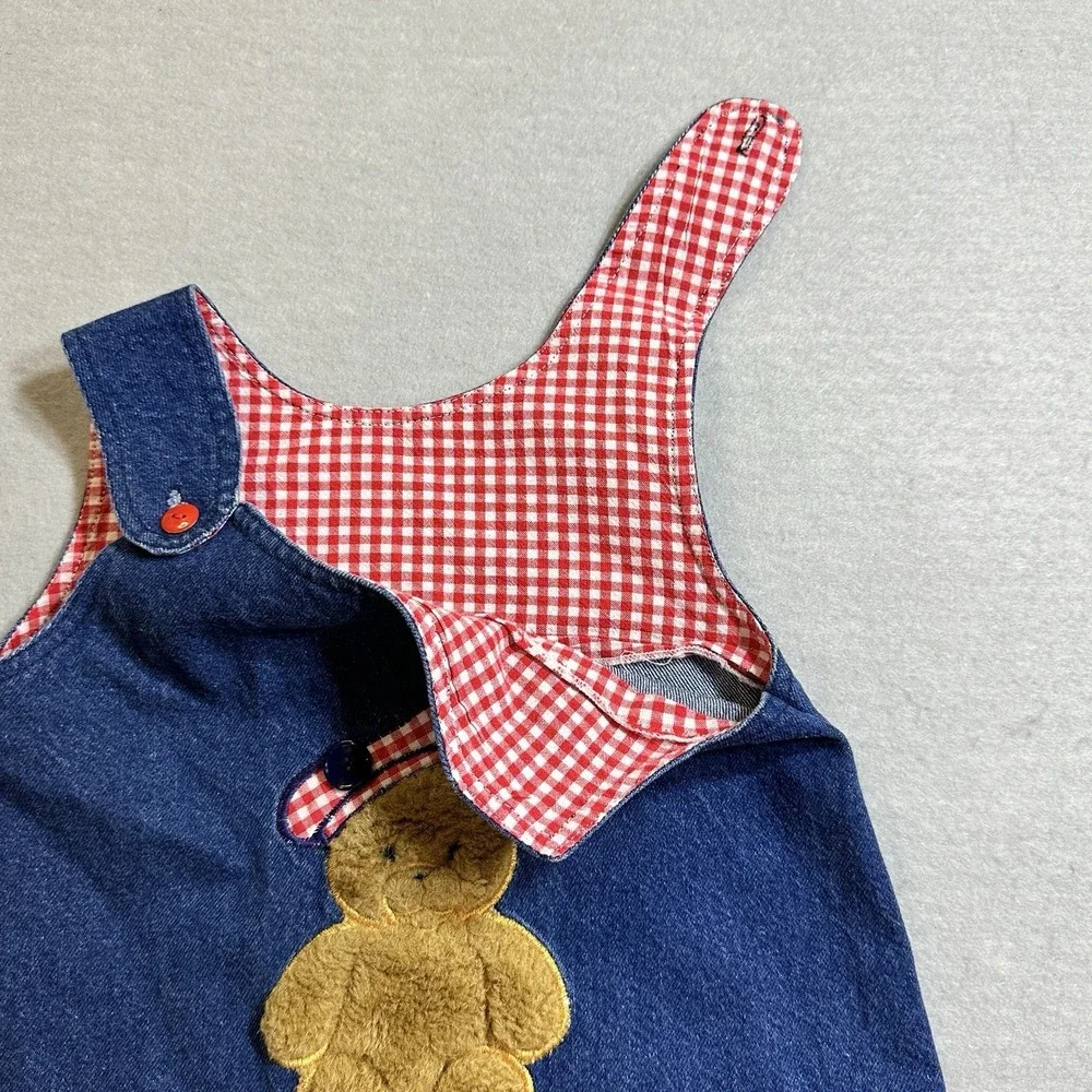 Hearts & Flowers Girls Size 4 Denim Jumper Dress Teddy Bear Gingham Vintage - Picture 7 of 8